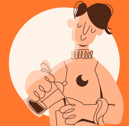 Restaurant staff. Hand drawn poster with cute male barista preparing aromatic coffee for clients. Charming character employee of coffee shop or cafe. Cartoon flat vector illustration in doodle styleのイラスト素材
