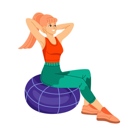 Person doing physical activity. Smiling young girl doing sports or pilates with ball. Woman doing fitness or workout. Healthy lifestyle. Cartoon flat vector illustration isolated on white backgroundのイラスト素材
