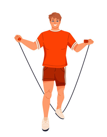 Person doing physical activity. Smiling male athlete doing sports and jumping with skipping rope. Cardio training, fitness or workout. Cartoon flat vector illustration isolated on white backgroundのイラスト素材