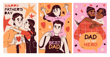 Set of Fathers Day posters. Adorable greeting cards with cute dads taking care of their children. Fatherhood and Parenthood. Fathers with daughters and sons. Cartoon flat vector isolated illustrationsのイラスト素材