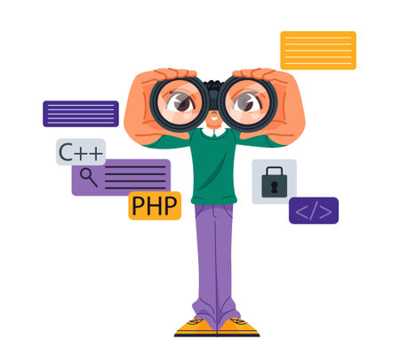 Person study and learn. Man with binoculars studies programming languages in online course. Developer and Coder. Education and knowledge. Cartoon flat vector illustration isolated on white backgroundのイラスト素材