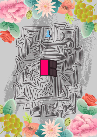 Mental health poster. Hand drawn cover with labyrinth and open door in head. Metaphor of self searching. Awareness of psychological disorders. Thinking and mind. Cartoon flat vector illustrationのイラスト素材