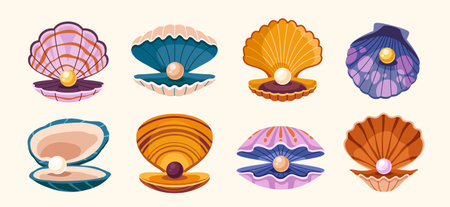 Set of seashells. Beautiful underwater shells with sparkling pearls. Opened clam or scallop with...