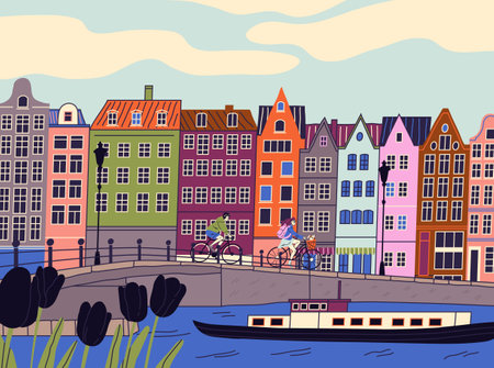 Beautiful urban landscape. Cityscape with buildings, people riding bicycles, ship sailing on river and houses on street. European city architecture. Poster design. Cartoon flat vector illustrationのイラスト素材