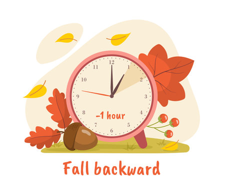 Daylight saving time poster. Red big clock near flowers. Fall season backward. Template and layout. Graphic element for website. Cartoon flat vector illustration isolated on white backgroundのイラスト素材