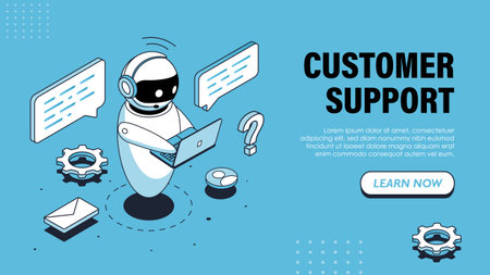 Isometric customer support poster. Bot with digital tablet near gears and messages. Technical...