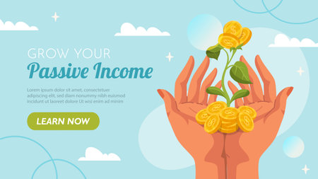Passive income poster. Hand with golden coins and flowers. Financial literacy and online earnings. Investing and trading, economy. Landing webpage design. Cartoon flat vector illustrationのイラスト素材