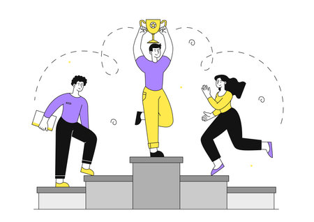 People at winners podium linear. Men with golden cup. Woman and yong guys with trophy. Reward and award. Success and motivation. Simple flat vector illustration isolated on white backgroundのイラスト素材