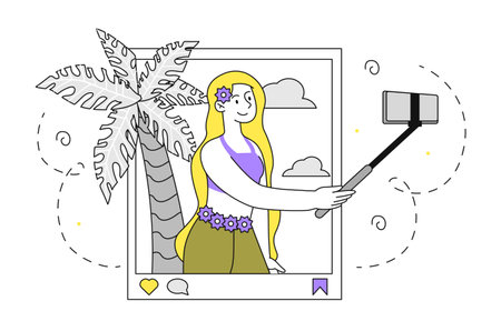 Blogger in vacation linear. Woman in tropical and exotic countries. Tourist at paradise. Young girl near palm with smartphone. Simple flat vector illustration isolated on white backgroundのイラスト素材