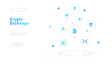 Crypto exchange white poster. Modern technologies and innovations. Scheme and structure. Programming and IT technology. Cartoon neon vector illustration isolated on white backgroundのイラスト素材