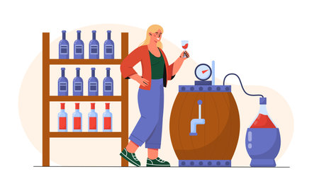 Woman with wine concept. Young girl with wineglasses. Alcoholic drinks and beverages. Sommelier with wine production, barrel and bottles. Cartoon flat vector illustration isolated on white backgroundのイラスト素材
