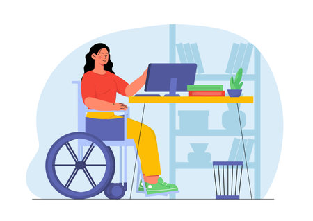 Disabled woman with education. Young girl sitting at wheelchair near table with computer or laptop. Distant learning and training. Cartoon flat vector illustration isolated on white backgroundのイラスト素材