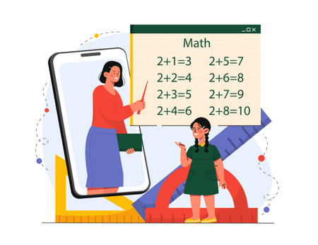 Distant math lesson concept. Woman and girl with colorful rulers and mathematical equations. Remote courses on internet. Education, learning and training. Cartoon flat vector illustrationのイラスト素材