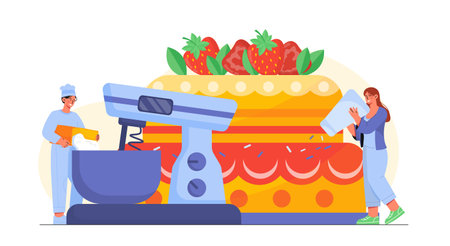 Confectioners with cake concept. Man and woman near dessert and delicacy. Cakes with strawberries slices. Homemade pastry and bakery. Cafe or catering menu. Cartoon flat vector illustrationのイラスト素材