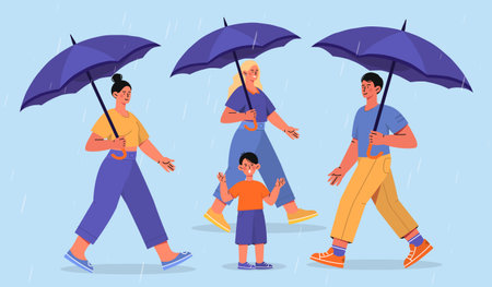 Lost child at street. Boy stands outdoors in rainy weather near crowd of men and women. Scared kid with negative feelings and emotions. Cartoon flat vector illustration isolated on blue backgroundのイラスト素材