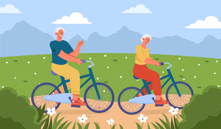 Old couple ride bicycle. Grandfather and grandmother at cycle at sunny day. Spring or summer day lawn. Eco friendly transport. Active lifestyle and rest. Cartoon flat vector illustrationのイラスト素材