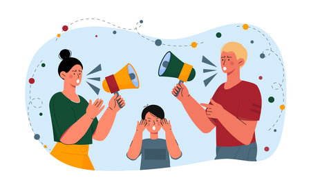 Parents quarrel concept. Man and woman with loudspeakers with boy. Negative feelings and emotions, childhood trauma. Father and mother screaming at each other. Cartoon flat vector illustrationのイラスト素材