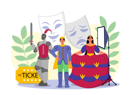 Theatrical performance concept. Man and woman in clothes. Princess and knight. Theater tickets. Entertainment and leisure, fun. Cartoon flat vector illustration isolated on white backgroundのイラスト素材