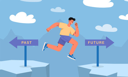 Past or future concept. Man run and jump over gaps with roadigns. Motivation, aspiration and leadership. Traffic pointers and guidepost. Cartoon flat vector illustration isolated on blue backgroundのイラスト素材
