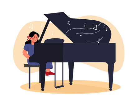Piano girl concept. Kid performing at scene with musical instrument. Pianist at stage. Show and performance. Entertainment and leisure. Cartoon flat vector illustration isolated on white backgroundのイラスト素材