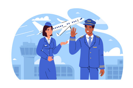 Pilot and stewardess. Man and woman in blue euniform stands near airplane. oliday and vacation, travel. Aviation occupation and aircraft. Cartoon flat vector illustration isolated on white backgroundのイラスト素材