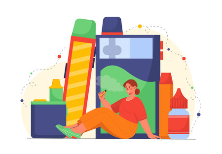 Woman with vape concept. Young girl sitting near electronic cigarettes. Gadget and devices for smokers. Addicted person with cigarettes. Cartoon flat vector illustration isolated on white backgroundのイラスト素材