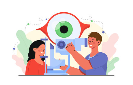 Optometrist with woman. Man in medical uniform with apparatus for eyesight check up. Health care and medicine, treatment. Ophthalmologist treats eyes. Cartoon flat vector illustrationのイラスト素材