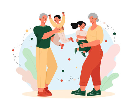 Grandparents with grandchildren. Elderly man and woman with boy and girl. Good relations in family between different generations. Cartoon flat vector illustration isolated on white backgroundのイラスト素材