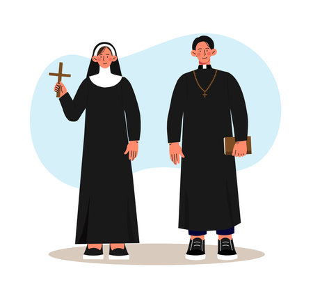 Christian staff concept. Man and woman in black robes with cross. Catholicism and Christianity. Religion and faith, belief. Prayers and sermons, preachers. Cartoon flat vector illustrationのイラスト素材