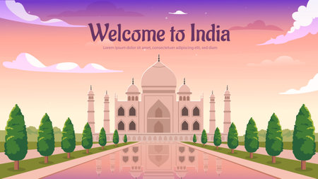Welcome to India poster. Traditional oriental building with dome. Architecture and landmark. Travels and tourism, holiday and vacation. Landing webpage design. Cartoon flat vector illustrationのイラスト素材