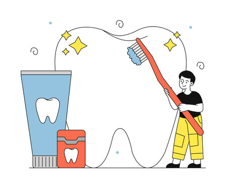 Boy brushing teeth linear. Teenager with brush and toothpaste. Oral cleanliness and hygiene. Healthy lifestyle and daily routine. Doodle flat vector illustration isolated on white backgroundのイラスト素材