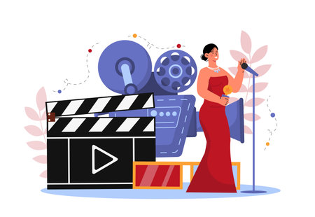 Movie star woman concept. Young girl in red dress with microphone near clapperboard and movie camera. Film production, series and movies. Famous person, celebrity. Cartoon flat vector illustrationのイラスト素材