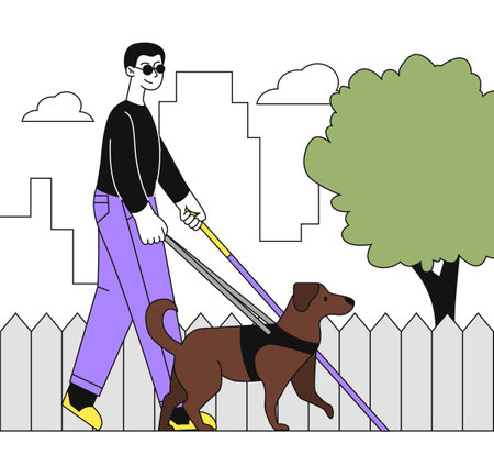 Man with guide dog linear. Young guy with problems with sight. Character in sunglasses walks outdoors. Person with disability. Simple flat vector illustration isolated on white backgroundのイラスト素材