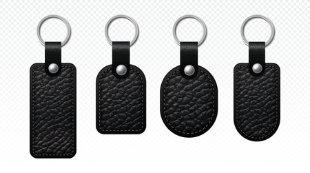 Leather keychains set. Keychain with trinkets on copy space. Keyholder for keys from car or home. Accessory or decoration. Realistic 3D vector illustration isolated on transparent backgroundのイラスト素材