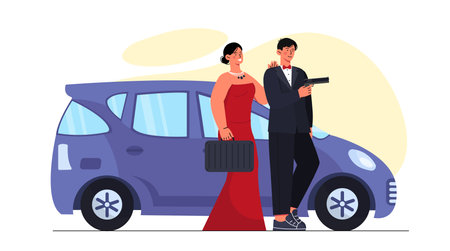 Couple of spies concept. Woman in red dress and man with pistol near automobile. Officers and detective with crime investigation. Cartoon flat vector illustration isolated on white backgroundのイラスト素材