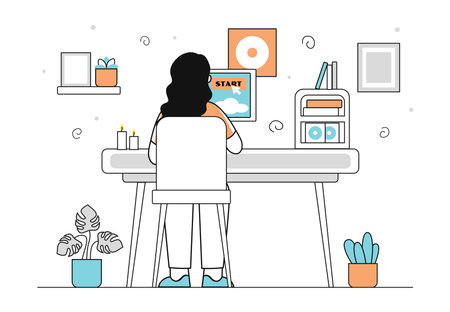 Woman gamer linear. Young girl sitting at laptop and play in video games and arcades. Entertainment and leisure. Gamer and cybersportsman. Doodle flat vector illustration isolated on white backgroundのイラスト素材