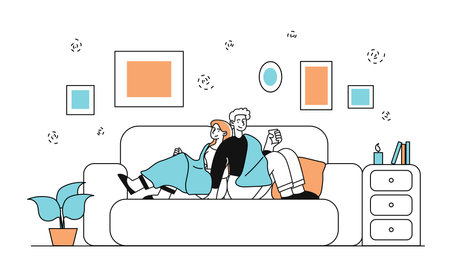 Couple rest at home linear. Man and woman sitting at sofa with cups with hot drink. Romantic date indoors. Comfort and coziness. Doodle flat vector illustration isolated on white backgroundのイラスト素材