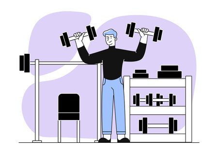 Man in gym simple. Young guy standing with two dumbbells in hands. Active lifestyle and sport. Bodybuilding and powerlifting, fitness. Linear flat vector illustration isolated on white backgroundのイラスト素材