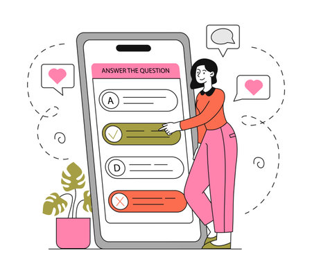 Woman with poll linear. Young girl answer to questions on internet. Questionnaire and survey on social networks. Feedback and review. Doodle flat vector illustration isolated on white backgroundのイラスト素材