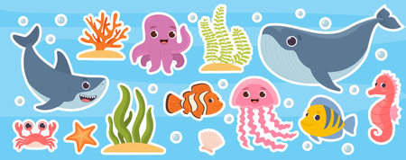 Sea animals stickers set. Shark and violet octopus. Whale and fish. Underwater dwellers, sea life. Ocean flora and fauna, wild life. Cartoon flat vector collection isolated on blue backgroundのイラスト素材