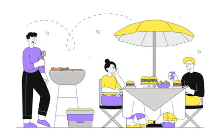 People at barbecue linear. Man and women with grill meat. Bakcyard and gardening. Friends spending time together with pork and beer. Doodle flat vector illustration isolated on white backgroundのイラスト素材