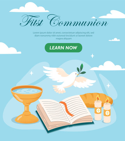 First Communion concept. White dove with branch in beak. Holy book with candles. Religion, faith and believe. Landing webpage design. Catholicism and christianity. Cartoon flat vector illustrationのイラスト素材