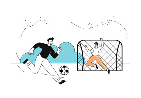 Football players simple. Men with ball and goal. Active lifestyle and sports. Match and sportive event. Competition and tournament. Linear flat vector illustration isolated on white backgroundのイラスト素材