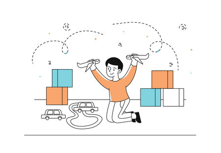 Boy play toys linear. Little schooler playing with airplanes and car. Fun, leisure and entertainment. Colorful cubes. Simple flat vector illustration isolated on white backgroundのイラスト素材