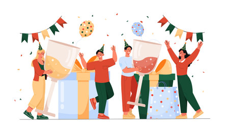 People at party concept. Men and women with alcoholic drinks in hands near present boxes. Surprise and gift. Event, party or holiday. Birthday, Christmas or New Year. Cartoon flat vector illustrationのイラスト素材