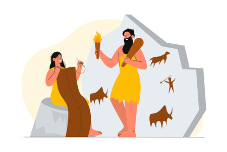 Primitive people concept. Man and woman in yellow leather clothes near stone with drawings. Tribal characters before our era. Human evolution and history. Cartoon flat vector illustrationのイラスト素材