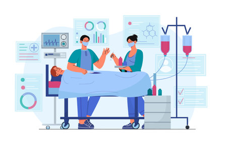 Surgeon operation concept. Man and woman in medical uniform with operation to patient. Health care, diagnosis and treatment. Scalpel and bandages. Cartoon flat vector illustrationのイラスト素材