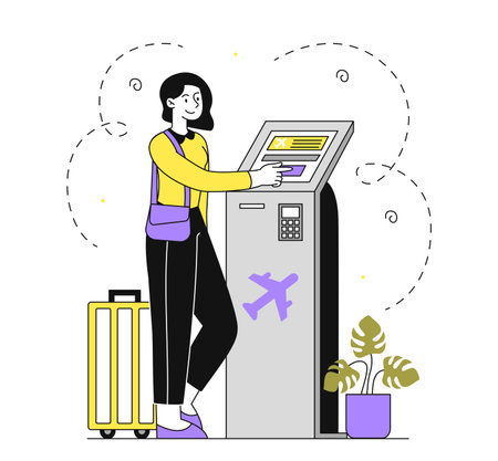Terminal buying ticket linear. Woman in airport near machine. Cashless transfers and transactions. Girl with self service checkout. Doodle flat vector illustration isolated on white backgroundのイラスト素材