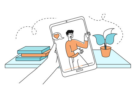 Video at tablet linear. Online tutorial and course on internet. Man create interesting content for social networks and videohosting. Simple flat vector illustration isolated on white backgroundのイラスト素材