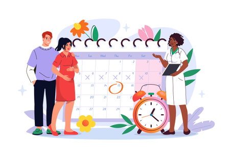 Pregnancy calendar concept. Man and pregnant woman visit doctor. Female reproductive system and fertility. Anatomy and biology. Health care and medicine. Cartoon flat vector illustrationのイラスト素材